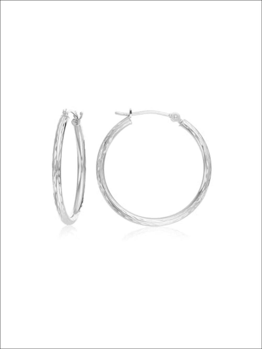 10K White Gold Diamond Cut Round Hoop Earrings Latch Back